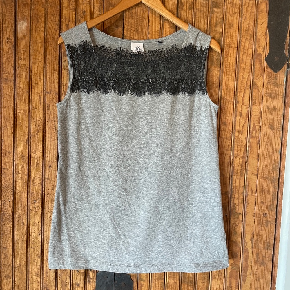 CAbi Sleeveless Gray Tee with Black Lace Neckline - Size Small